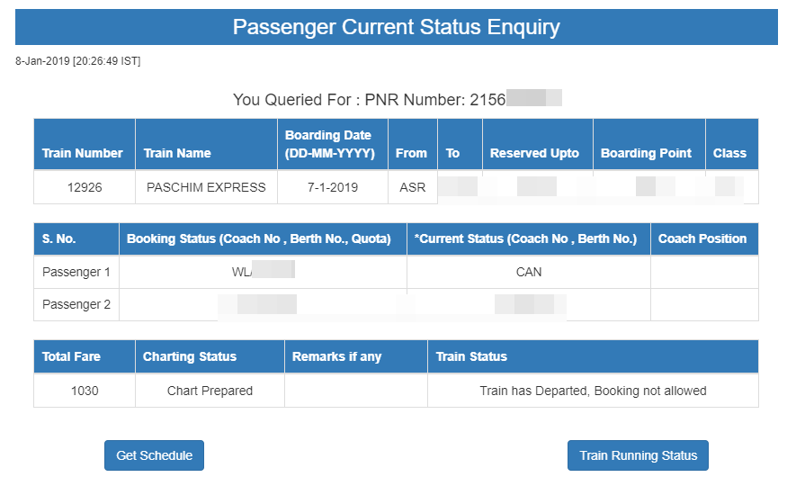 PNR Status Check IRCTC PNR Status Live Indian Railway Enquiry